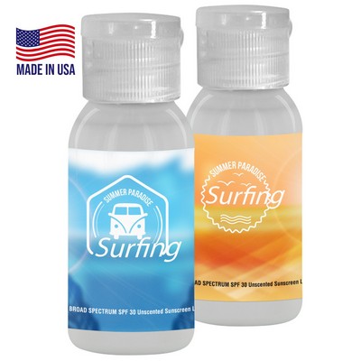 1oz. Sunscreen in a transparent round bottle.